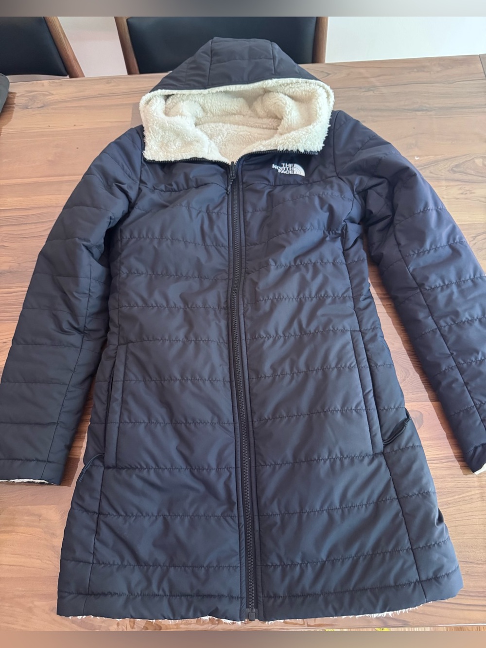 The North Face Women's Black Puffer Coat with Cream Sherpa Hood